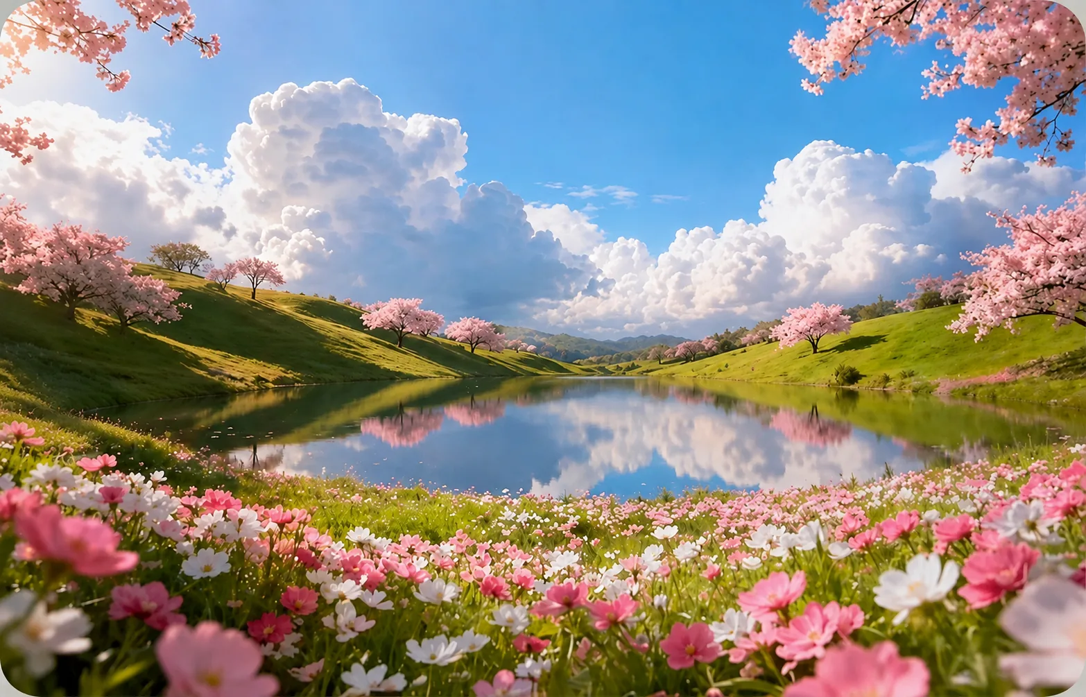 Groves of cherry trees in full bloom across the meadow