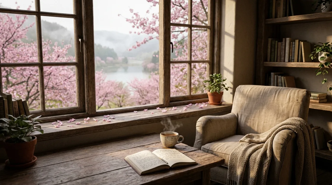 A quiet reading nook by a window overlooking the valley