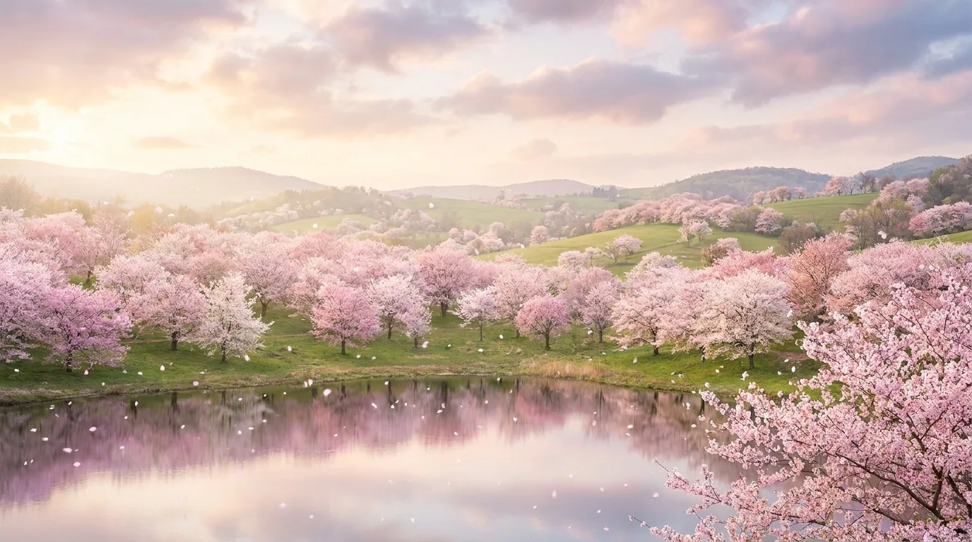 The mirror lake reflecting blossoming cherry trees